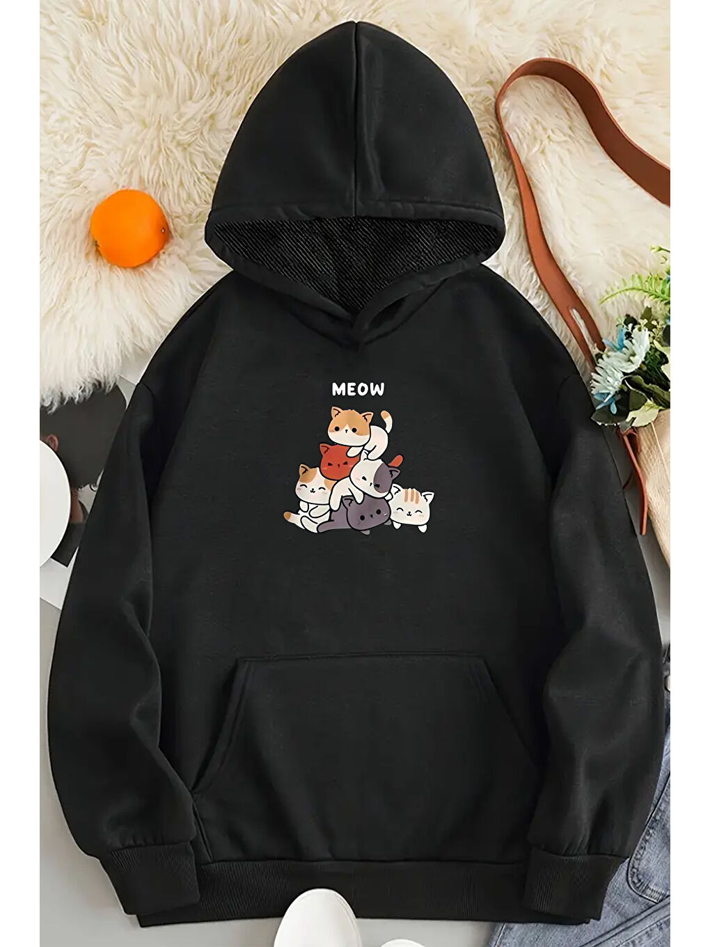 uyguntarz Siyah Meow Tatlı Kediler Baskılı Oversize Sweatshirt