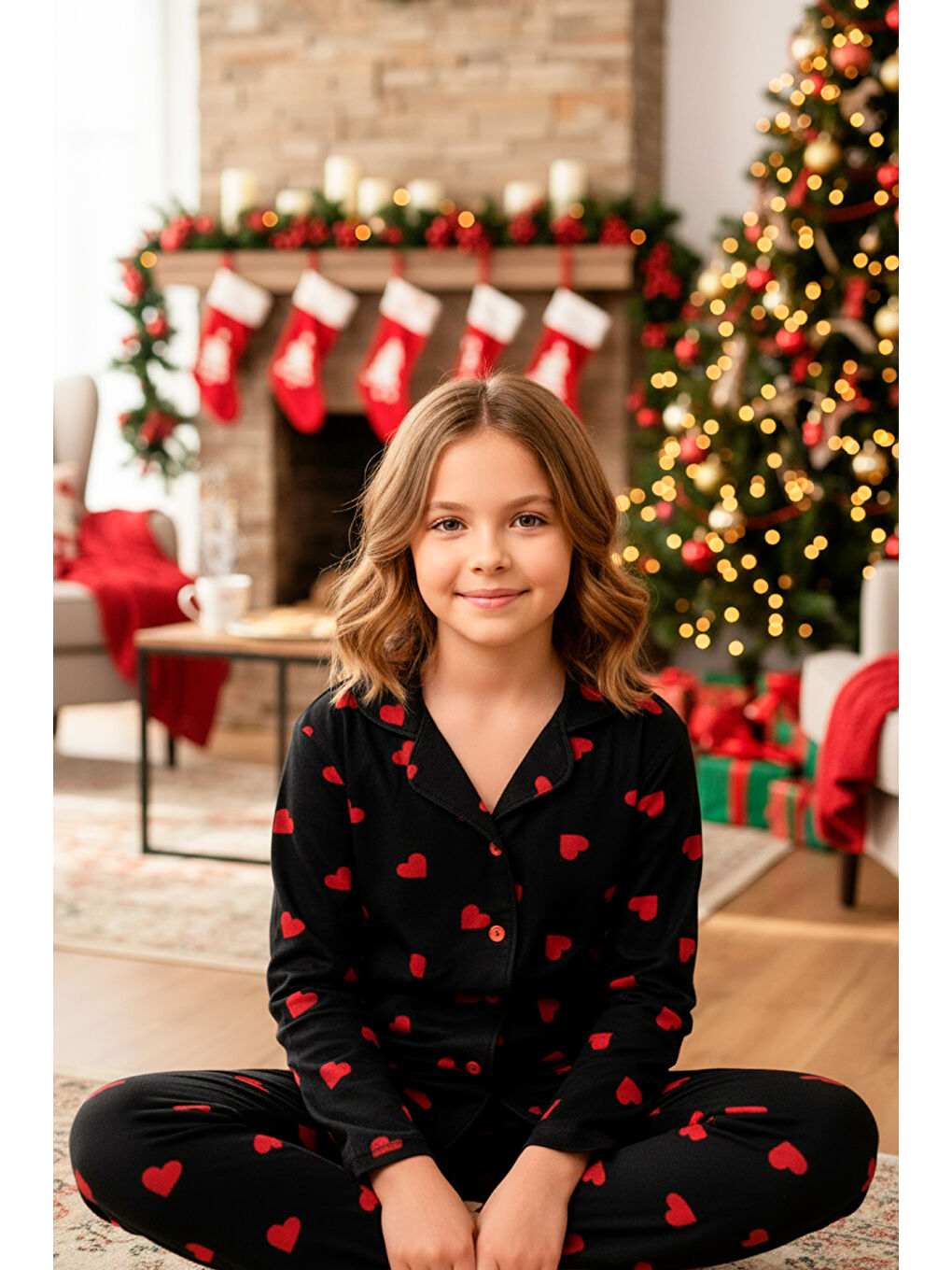 Siyah Kız Çocuk Kalp Baskılı Kadife/Süet Pijama Takımı -12490-1