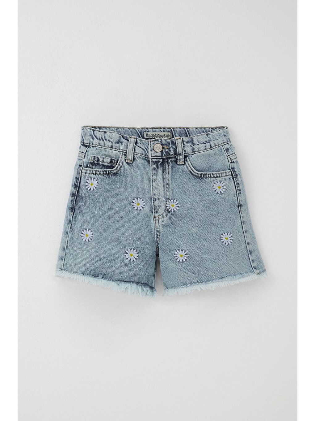Kız Çocuk Şort Jean Papatya Nakışlı Paçası Püskül Detaylı Açık Mavi (5-9 Yaş)-3