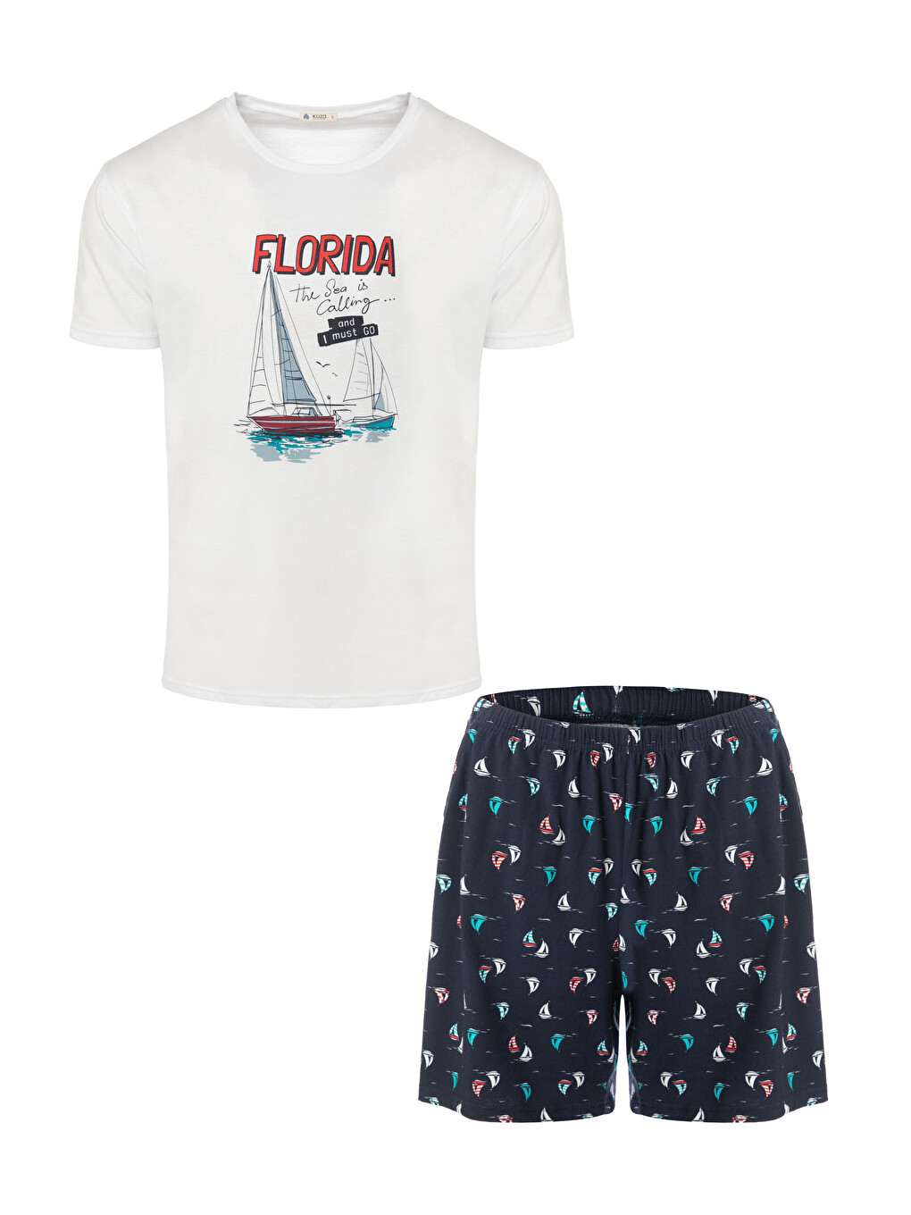 Beyaz Pamuklu Önden Bağlamalı Desenli Crop Tişört Pijama Takımı