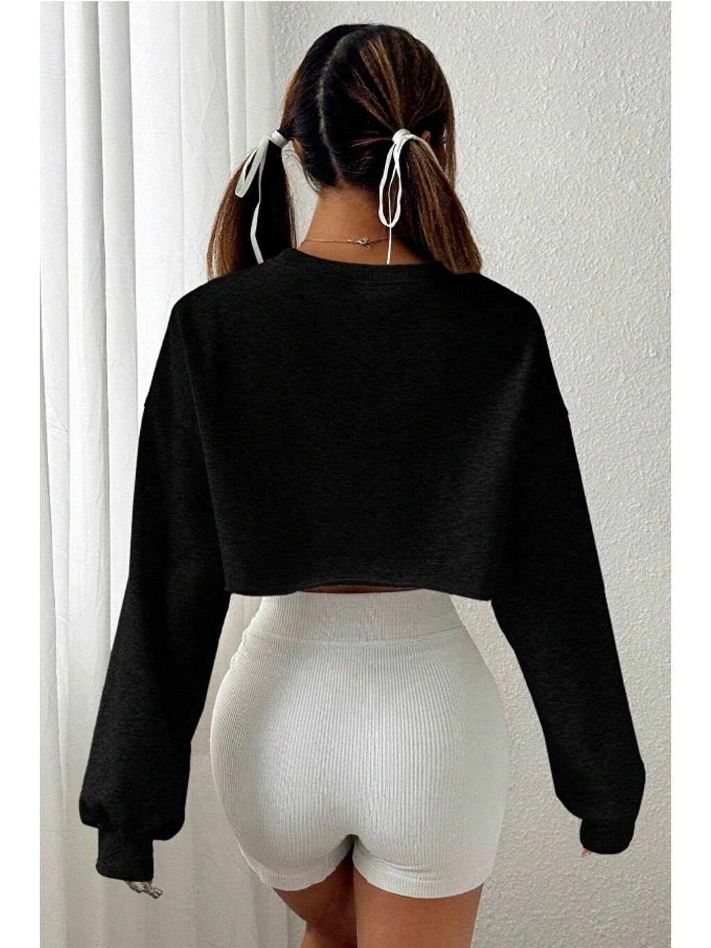 Kadın Siyah Oversize Crop Bisiklet Yaka Şardonlu Sweatshirt-5