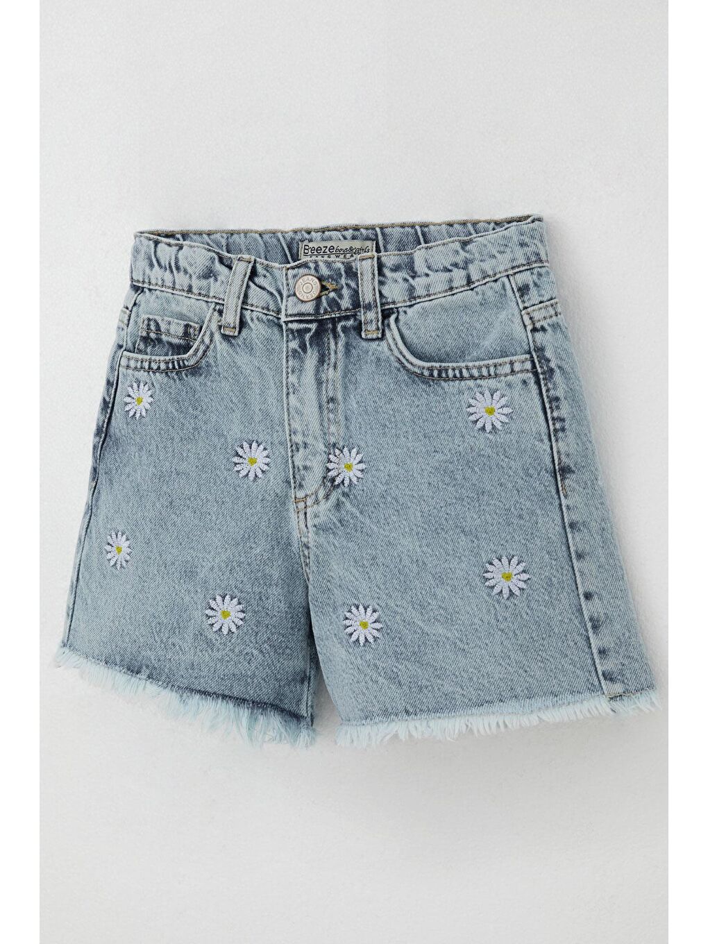 Kız Çocuk Şort Jean Papatya Nakışlı Paçası Püskül Detaylı Açık Mavi (5-9 Yaş)-5