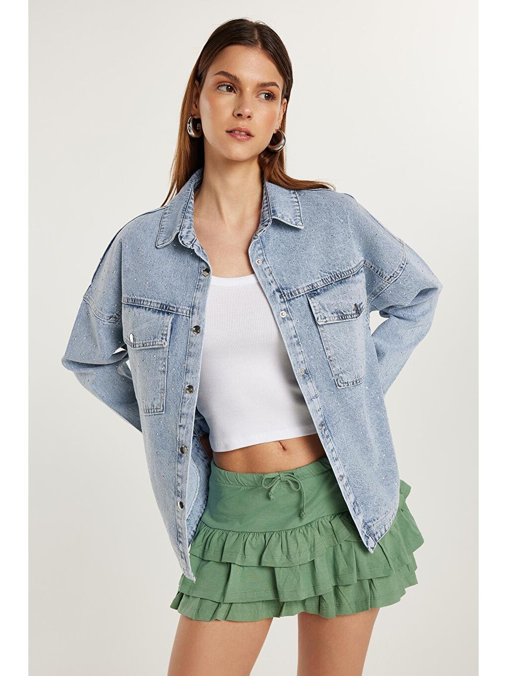 Kadın Regular Fit %100 Pamuk Düz Yeşil Etek-1