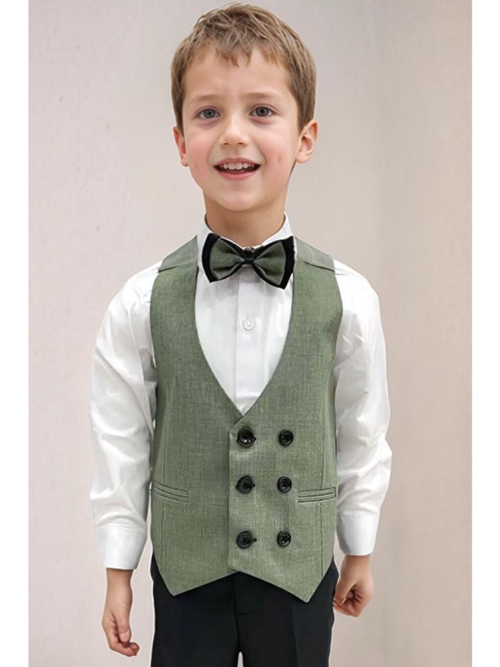 Erkek Bebek Takım Elbise Çizgili Yelekli Yosun Yeşili Alt Üst Takım-1