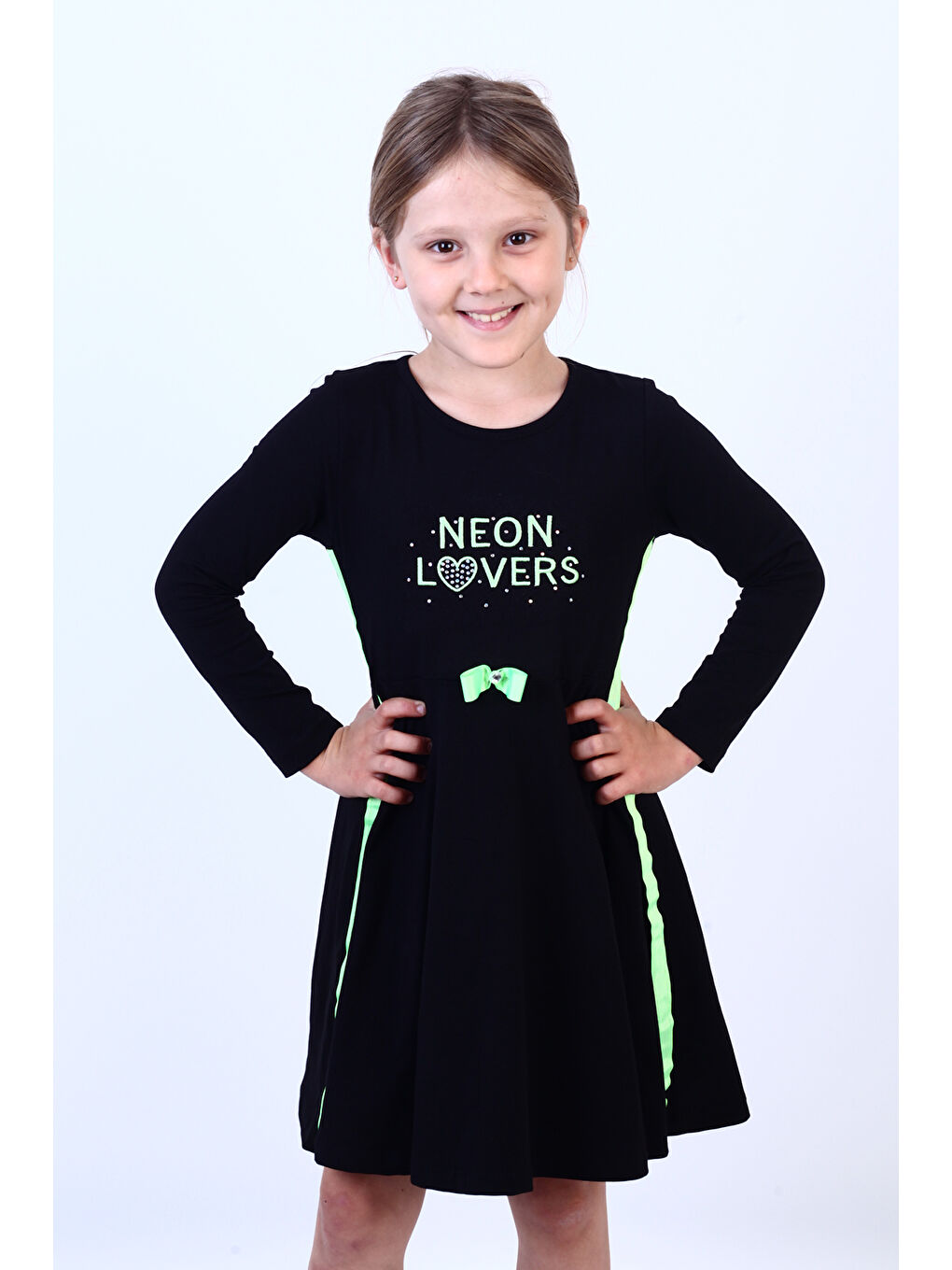 Siyah Kız Çocuk Neon Lover Nakışlı Elbise