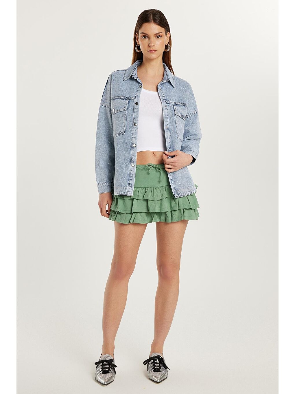 Kadın Regular Fit %100 Pamuk Düz Yeşil Etek-3