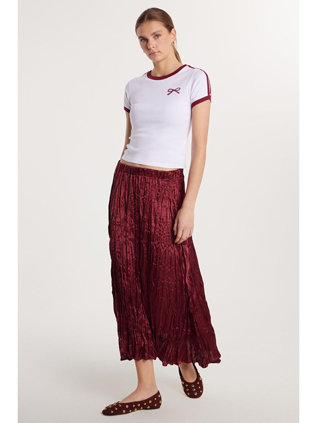 Kadın Regular Fit Desenli Saten Bordo Etek-1