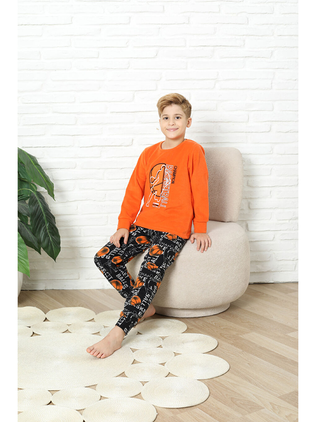 Turuncu Erkek Çocuk Welsoft/Polar Kumaş Pijama Takımı 12491-1