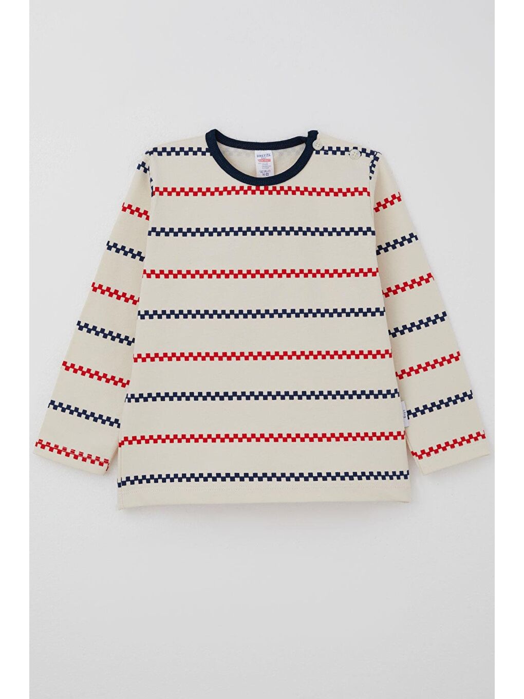 Ekru Erkek Bebek Uzun Kollu Tişört Patlı Minimal Marin Çizgili Krem (9 Ay-3 Yaş)