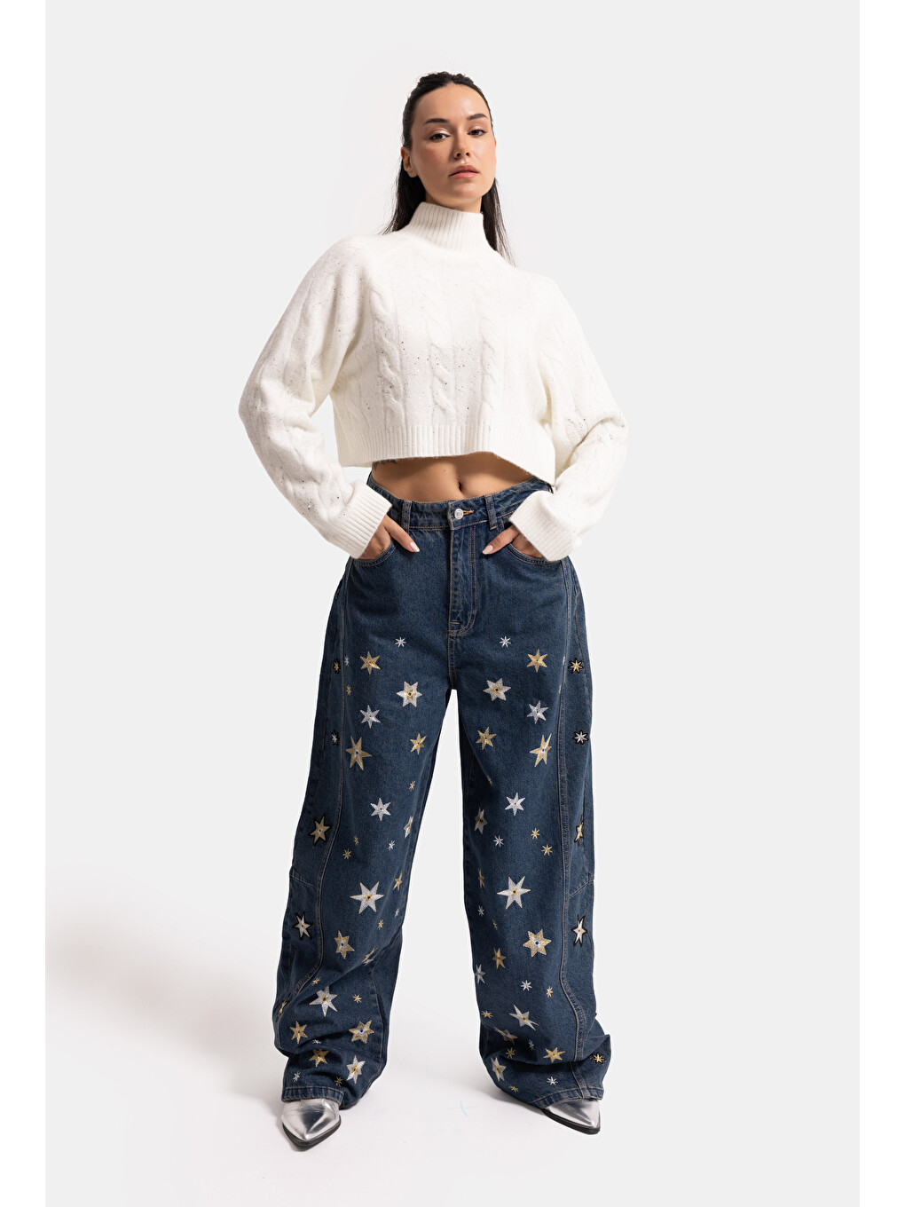 Mavi Kadın Koyu Jean 1w6-8 Mega Baggy Yıldız Nakış Detaylı Özel Tasarım Denim Jean