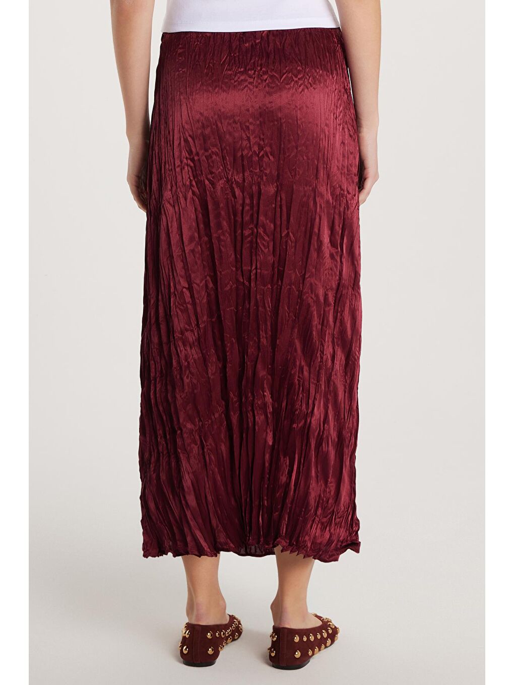 Kadın Regular Fit Desenli Saten Bordo Etek-4