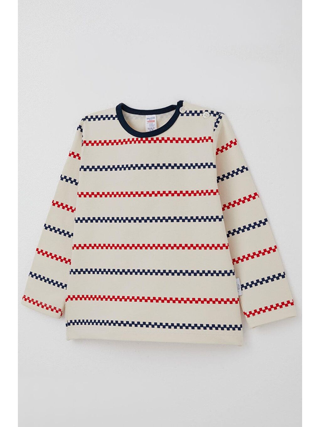 Ekru Erkek Bebek Uzun Kollu Tişört Patlı Minimal Marin Çizgili Krem (9 Ay-3 Yaş)-2
