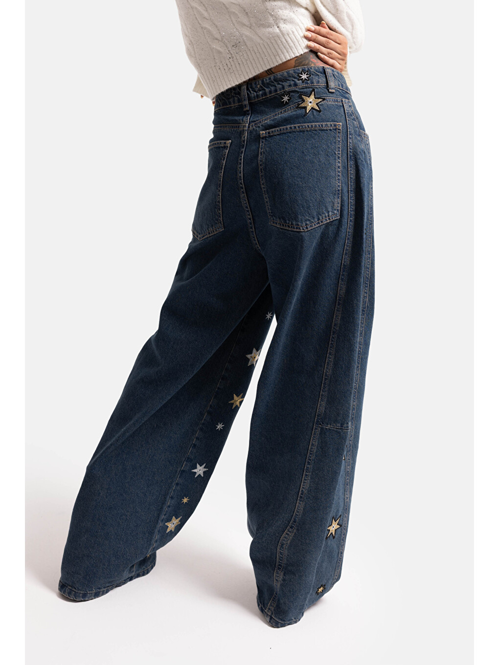 Mavi Kadın Koyu Jean 1w6-8 Mega Baggy Yıldız Nakış Detaylı Özel Tasarım Denim Jean-2