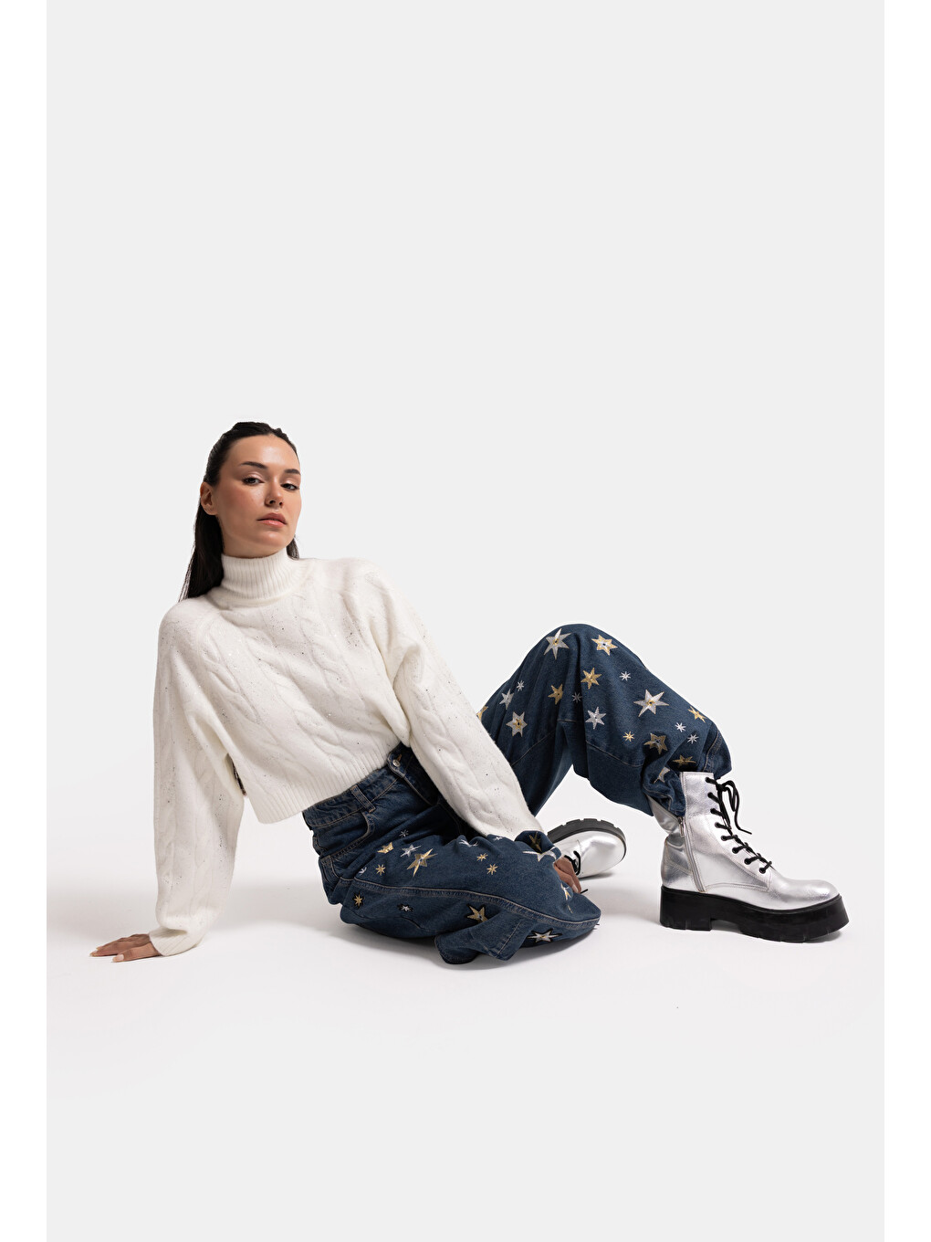 Mavi Kadın Koyu Jean 1w6-8 Mega Baggy Yıldız Nakış Detaylı Özel Tasarım Denim Jean-3