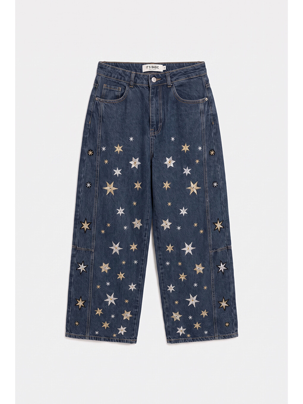 Mavi Kadın Koyu Jean 1w6-8 Mega Baggy Yıldız Nakış Detaylı Özel Tasarım Denim Jean-4