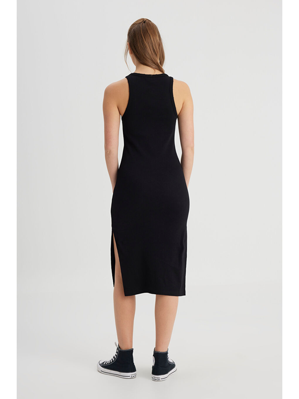 Slim Fit Dar Kesim Bisiklet Yaka Siyah Elbise-3