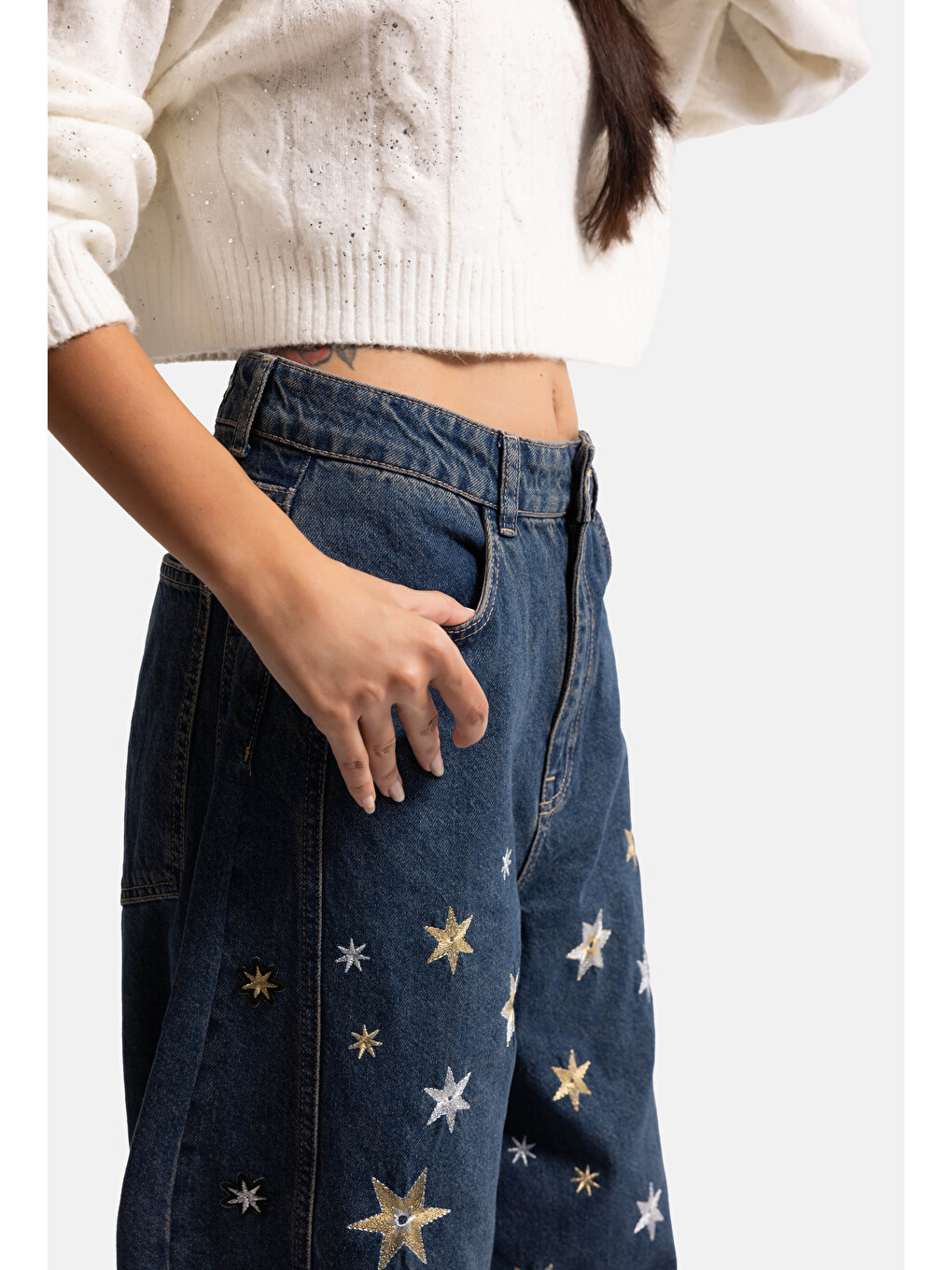 Mavi Kadın Koyu Jean 1w6-8 Mega Baggy Yıldız Nakış Detaylı Özel Tasarım Denim Jean-6