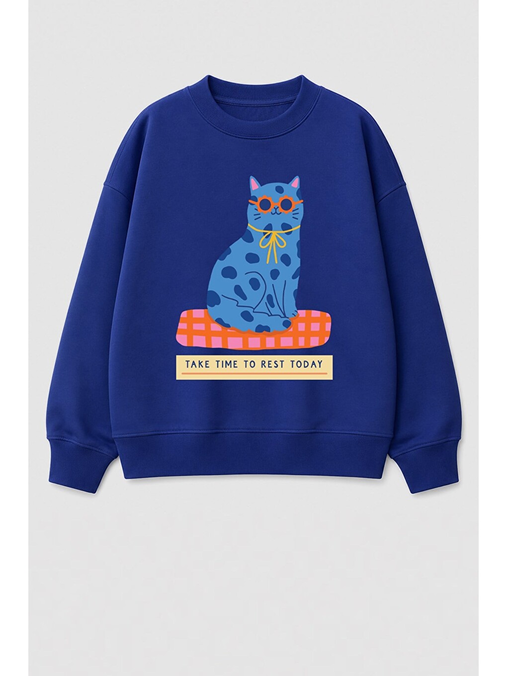 Lacivert Kız Çocuk 3 İplik Kumaş Pamuklu Kedi Baskılı Sweatshirt