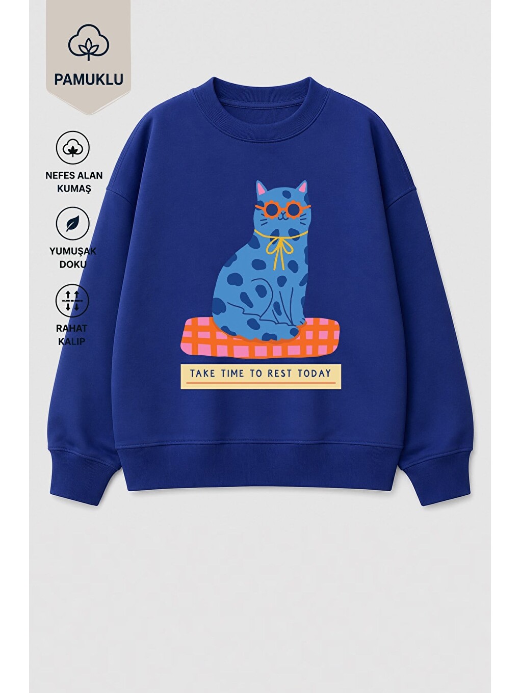 Lacivert Kız Çocuk 3 İplik Kumaş Pamuklu Kedi Baskılı Sweatshirt-1