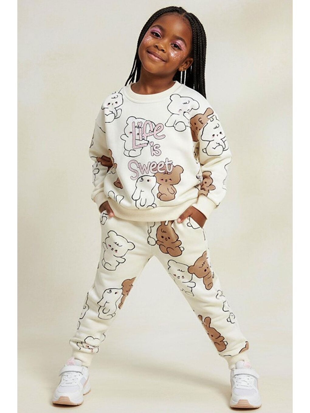 Ekru Kız Çocuk Eşofman Takımı Sevimli Dostlar Krem (2-6 Yaş)