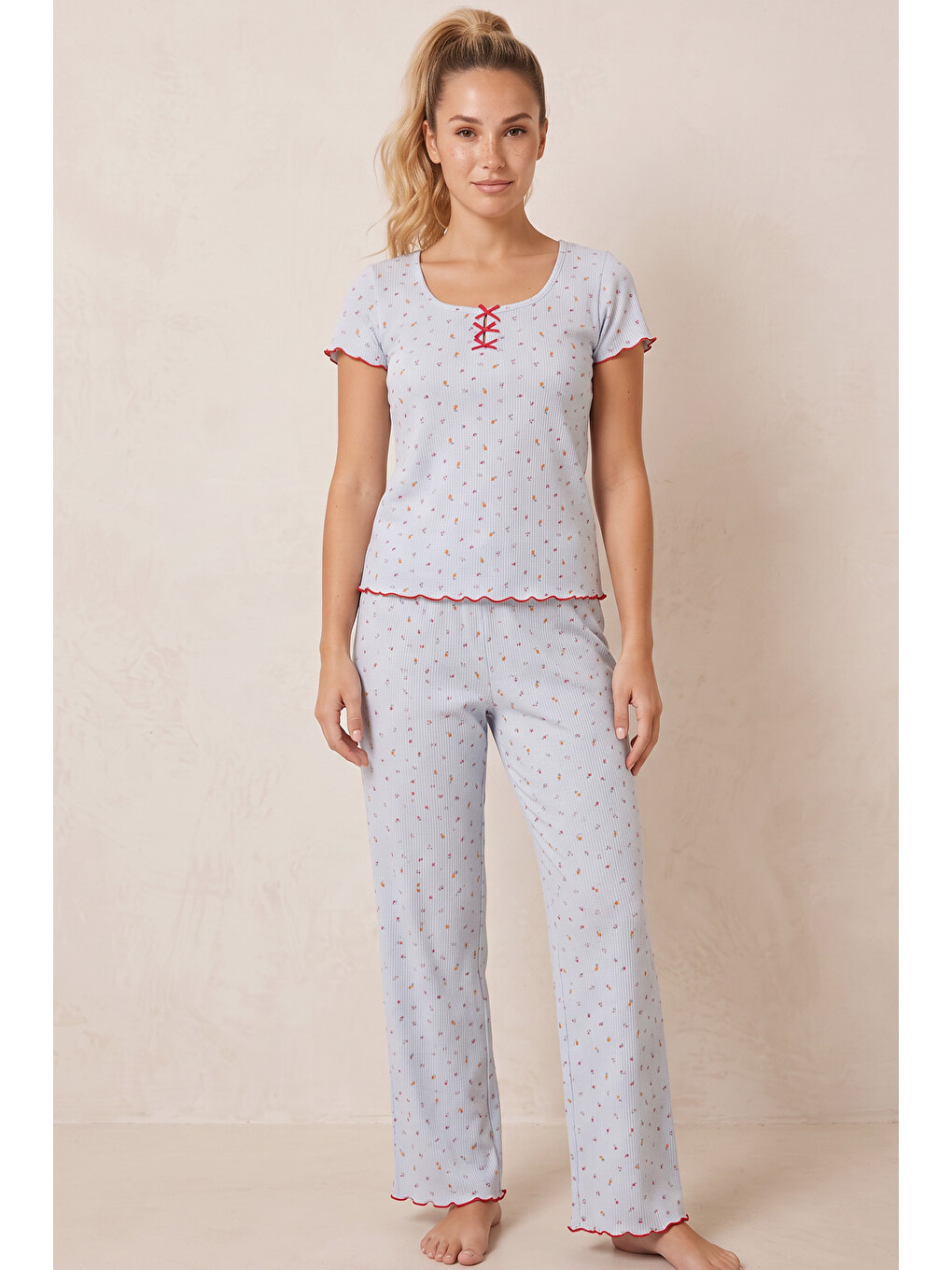 Mavi Çiçek Desenli Fiyonklu Pointelli Örme Pijama Takımı 26120660-1