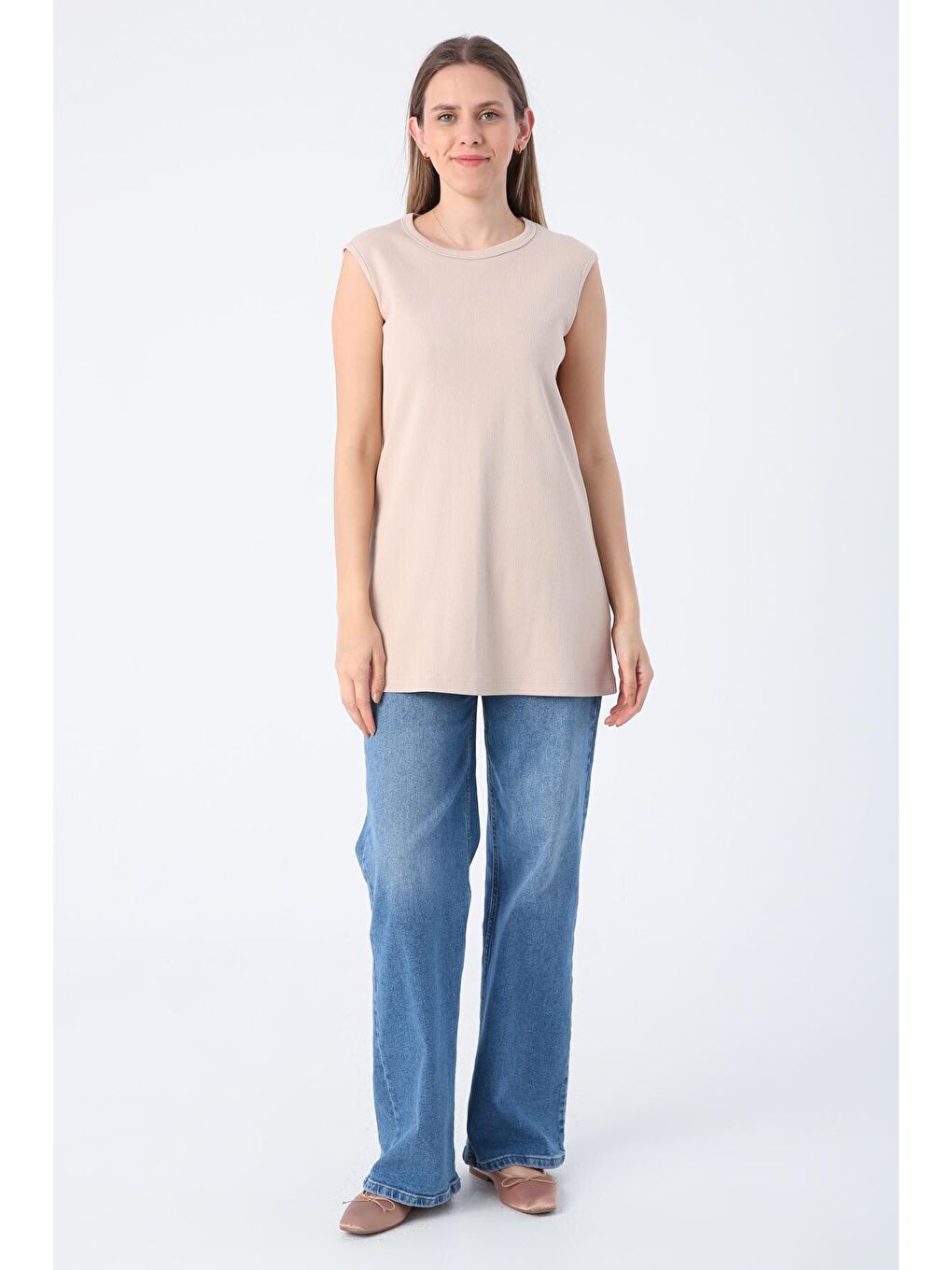 Bej Pamuklu Fitilli Kolsuz Tişört