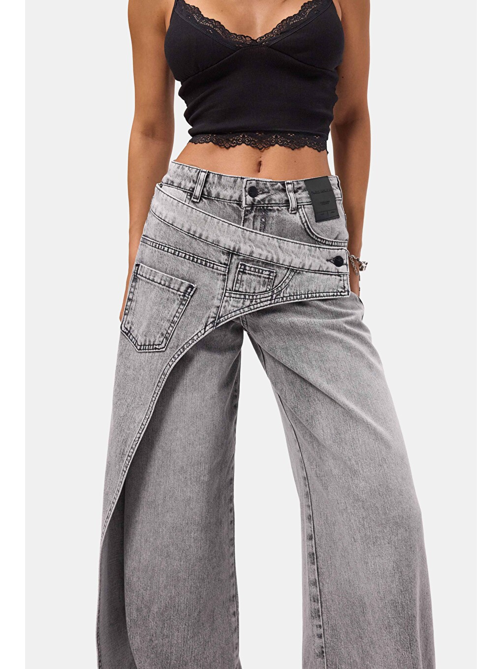 Gri Kadın Füme Palazzo Fit Çift Kemer Detaylı Özel Tasarım Denim Jean