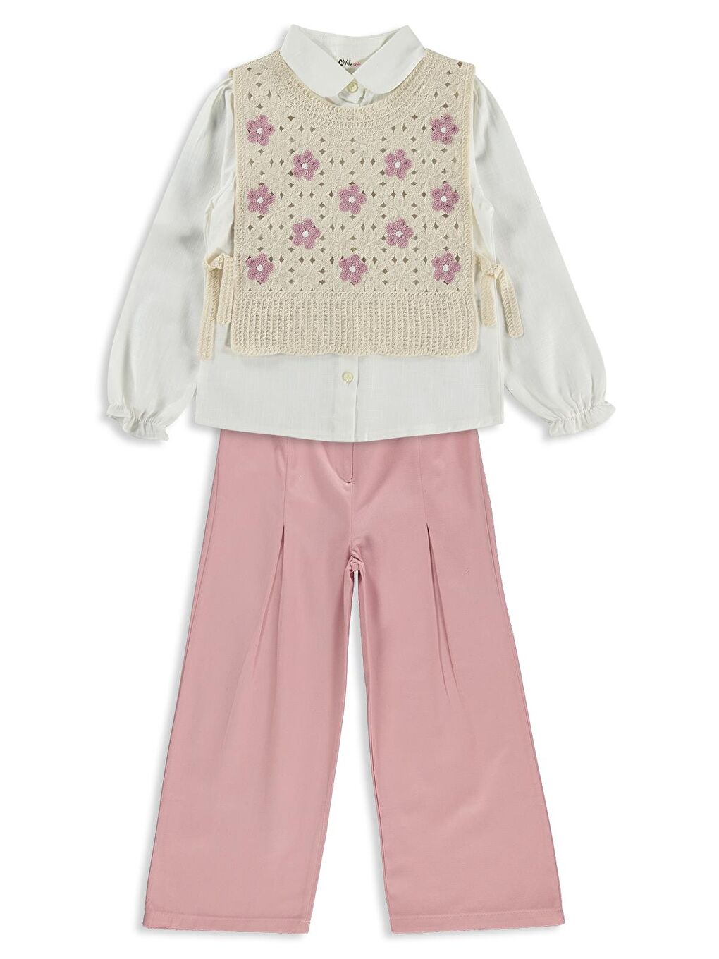 Girls Çiçek Nakışlı 6-9 Yaş Takım - Ekru 8-9 Yaş-4