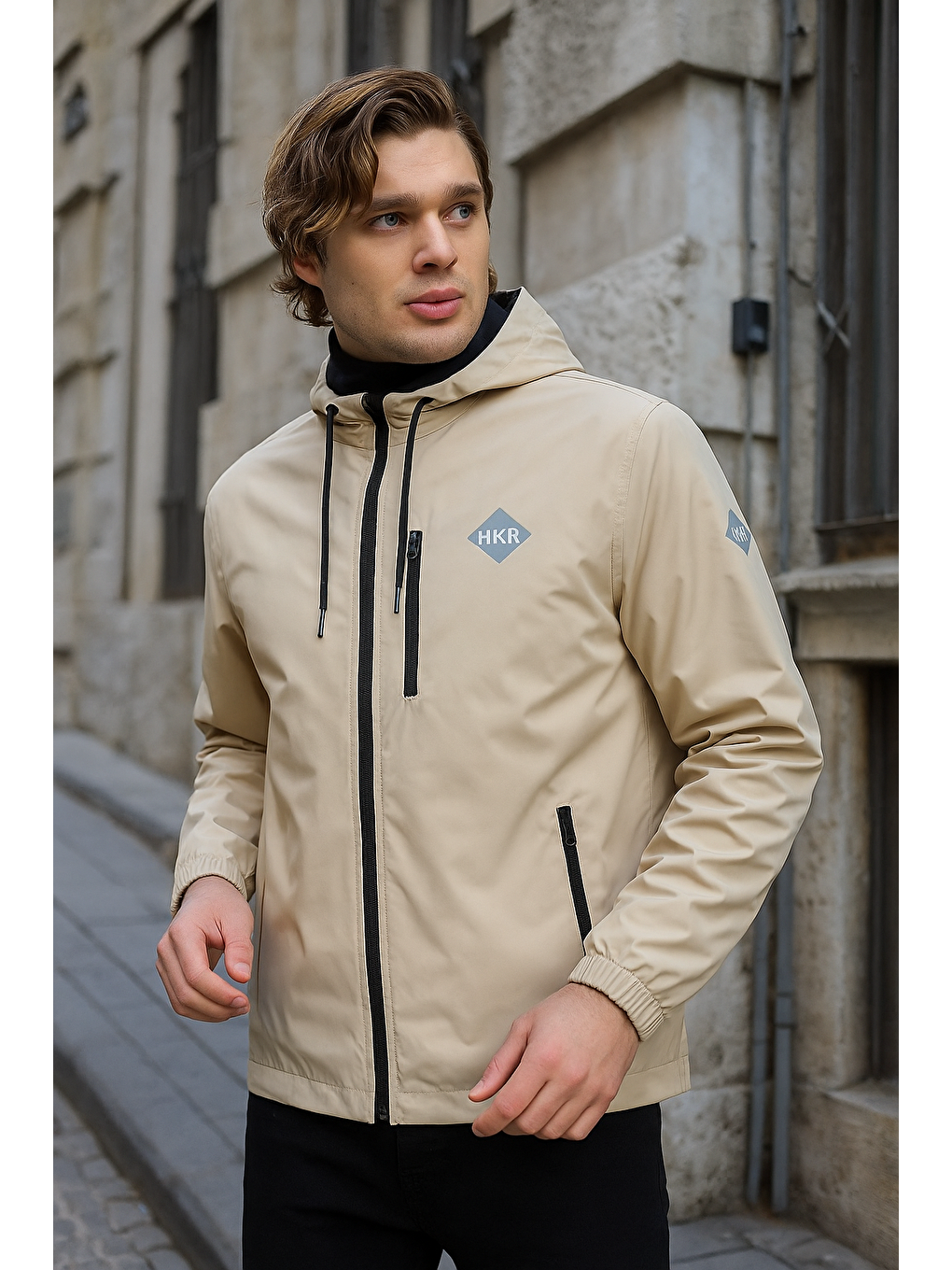 Bej Erkek Astarlı Bol Cepli Taş Rüzgarlık & Yağmurluk-1