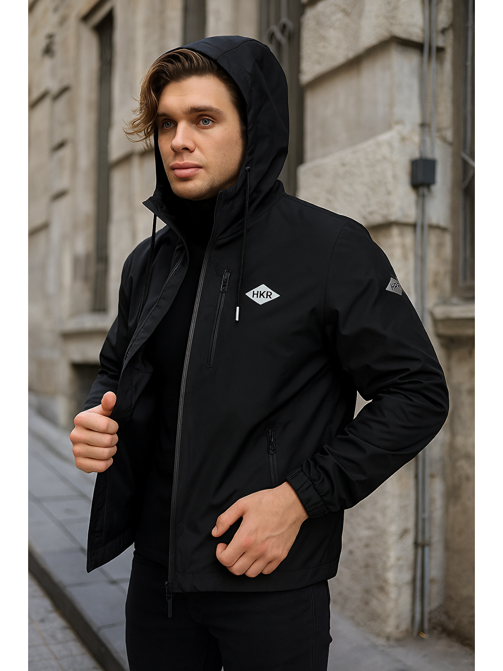 Erkek Astarlı Bol Cepli Siyah Rüzgarlık & Yağmurluk
