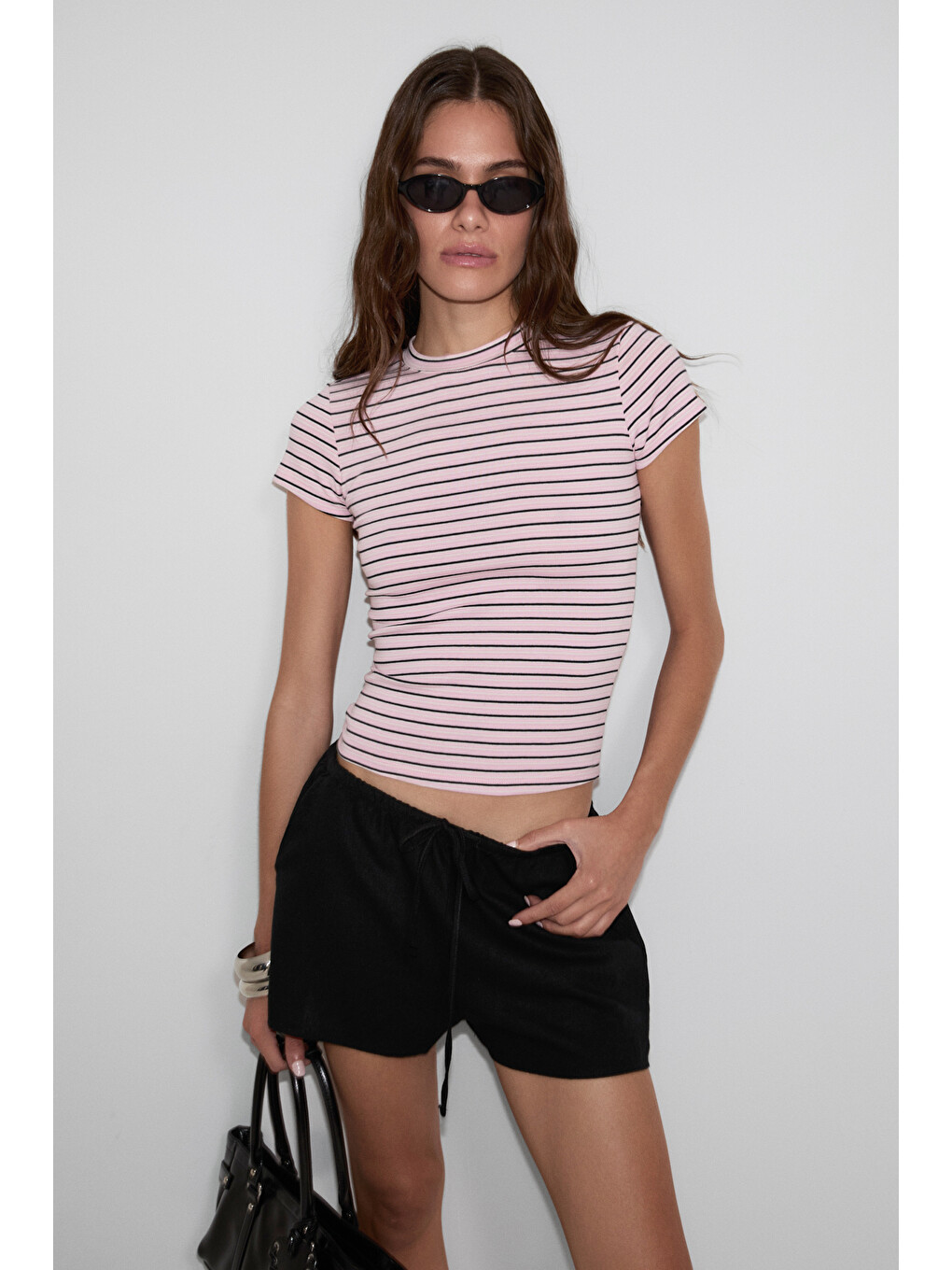 Hopewell Kadın Yuvarlak Yaka Örme Slim Fit Siyah-beyaz-pembe T-shirt-1