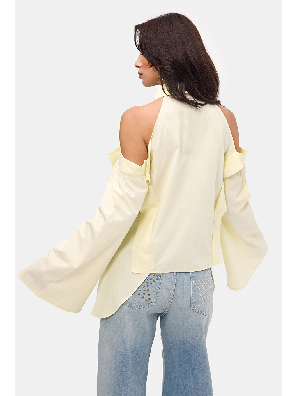 Kadın Light Sarı Oversize Kravatlı Özel Tasarım Gömlek-1