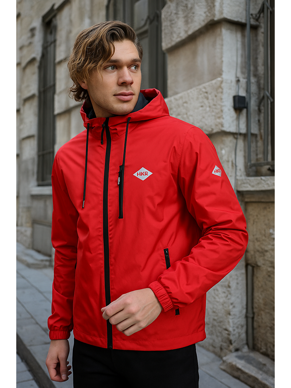Erkek Astarlı Bol Cepli Kırmızı Rüzgarlık & Yağmurluk-1