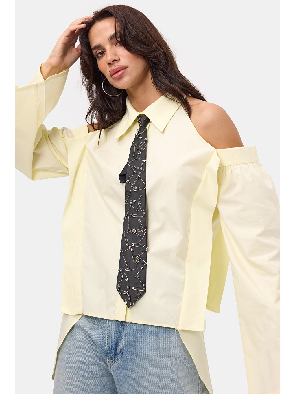 Kadın Light Sarı Oversize Kravatlı Özel Tasarım Gömlek-3