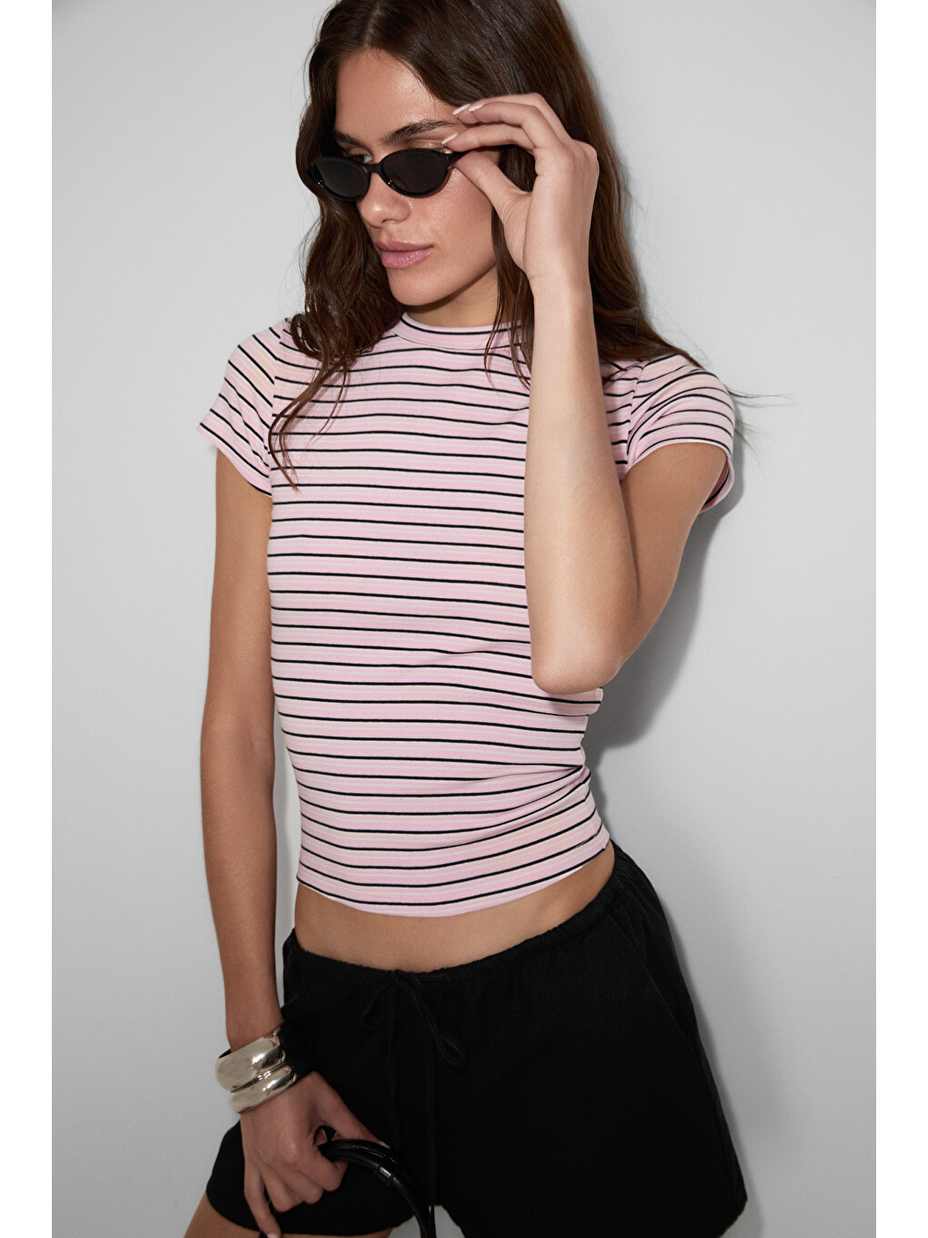 Hopewell Kadın Yuvarlak Yaka Örme Slim Fit Siyah-beyaz-pembe T-shirt-2