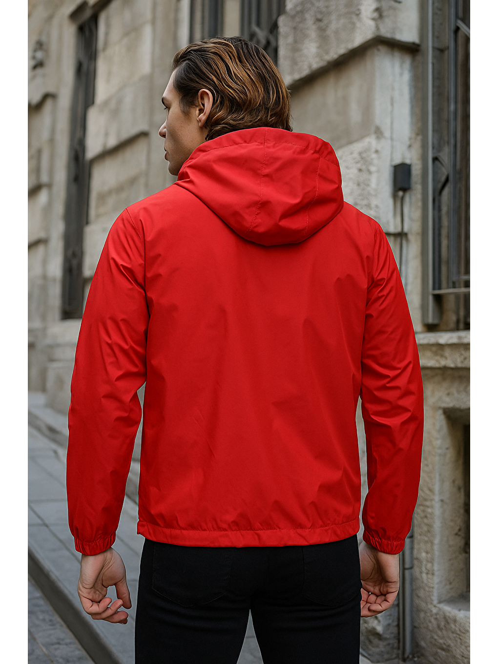 Erkek Astarlı Bol Cepli Kırmızı Rüzgarlık & Yağmurluk-2