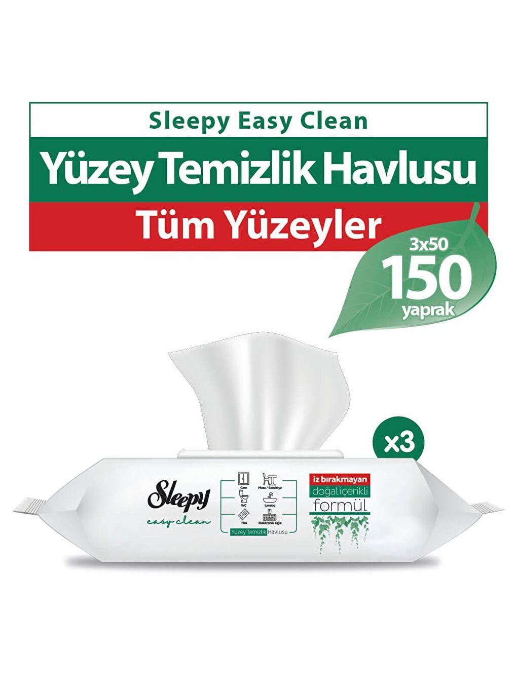 Sleepy Beyaz 3'lü Paket Easy Clean Yüzey Temizlik Havlusu 3x50 (150 Yaprak)