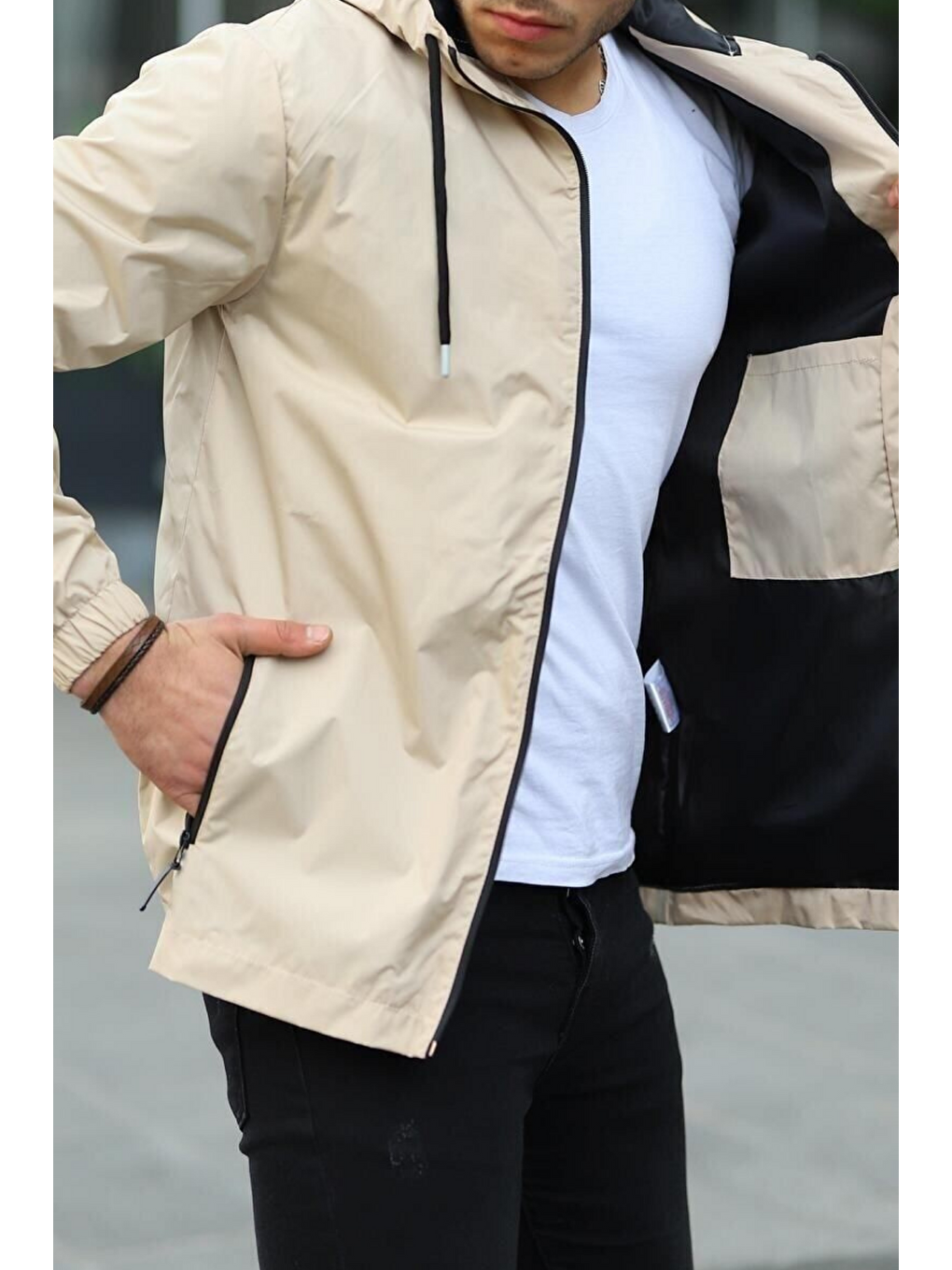 Bej Erkek Astarlı Bol Cepli Taş Rüzgarlık & Yağmurluk-3