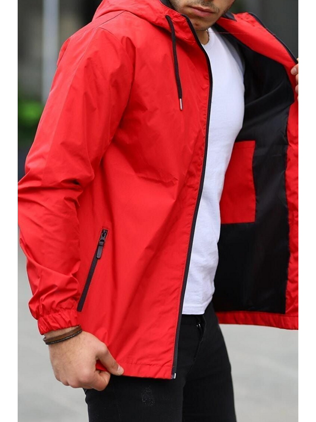Erkek Astarlı Bol Cepli Kırmızı Rüzgarlık & Yağmurluk-3