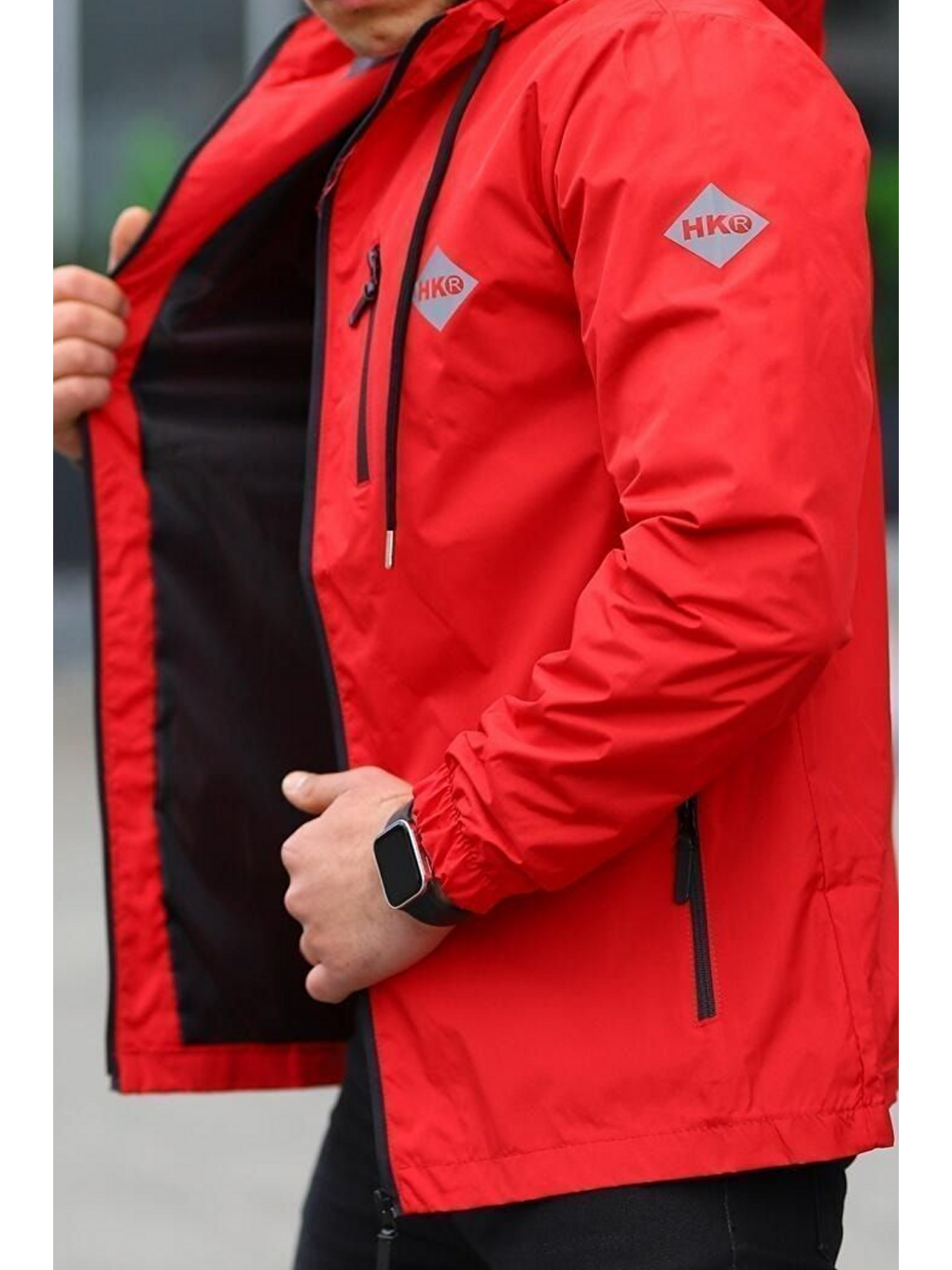 Erkek Astarlı Bol Cepli Kırmızı Rüzgarlık & Yağmurluk-4
