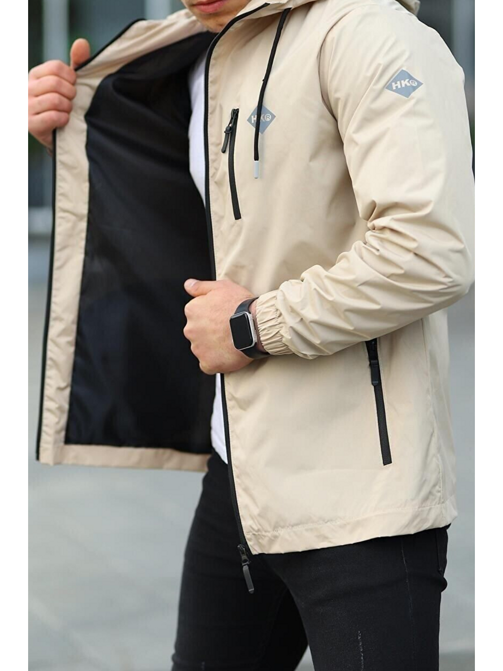 Bej Erkek Astarlı Bol Cepli Taş Rüzgarlık & Yağmurluk-4