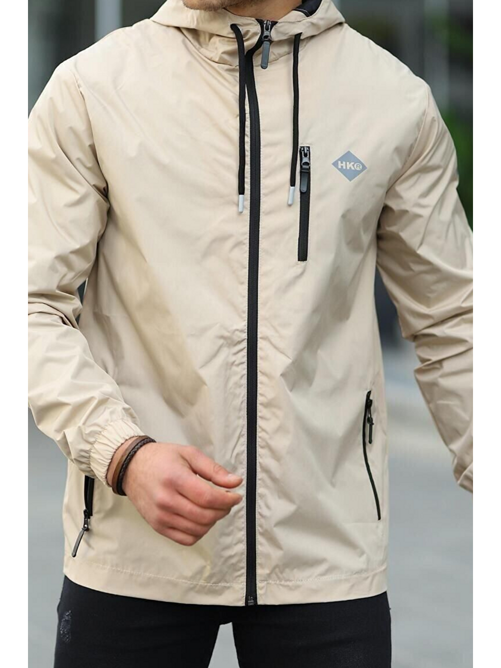 Bej Erkek Astarlı Bol Cepli Taş Rüzgarlık & Yağmurluk-5