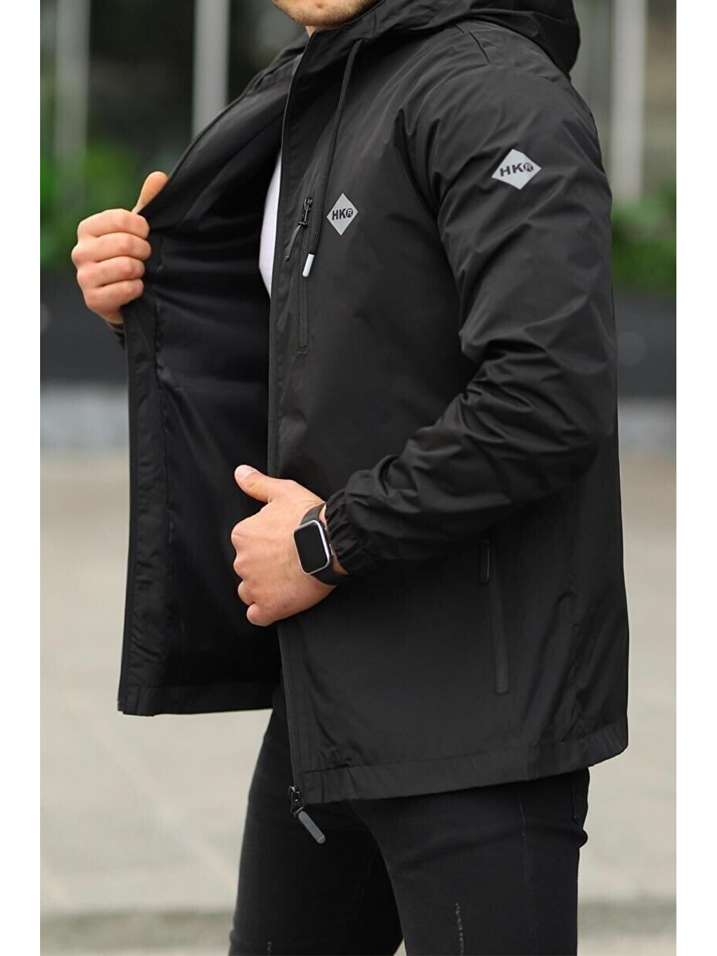 Erkek Astarlı Bol Cepli Siyah Rüzgarlık & Yağmurluk-2