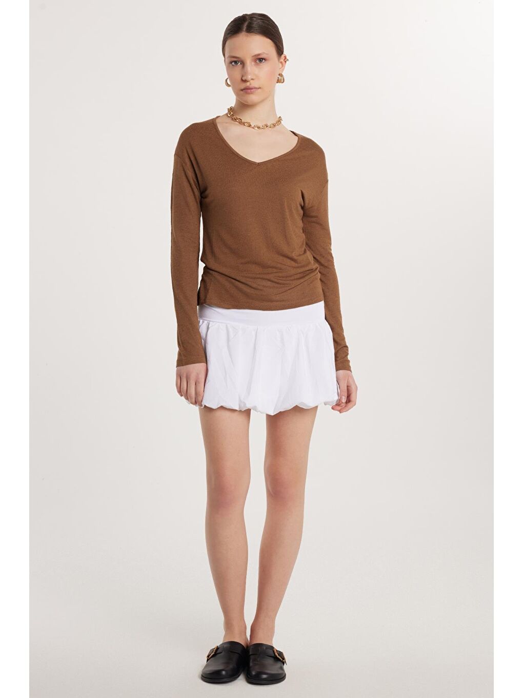 Kadın Slim Fit Pamuklu Lastikli Balon Mini Boy Beyaz Etek-2