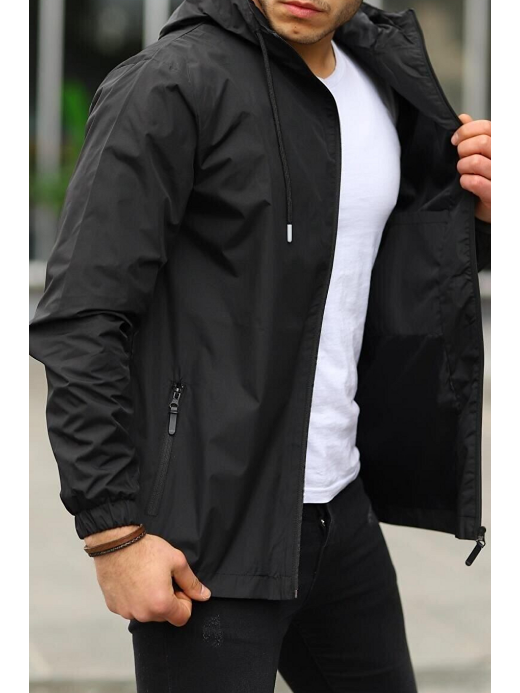 Erkek Astarlı Bol Cepli Siyah Rüzgarlık & Yağmurluk-3