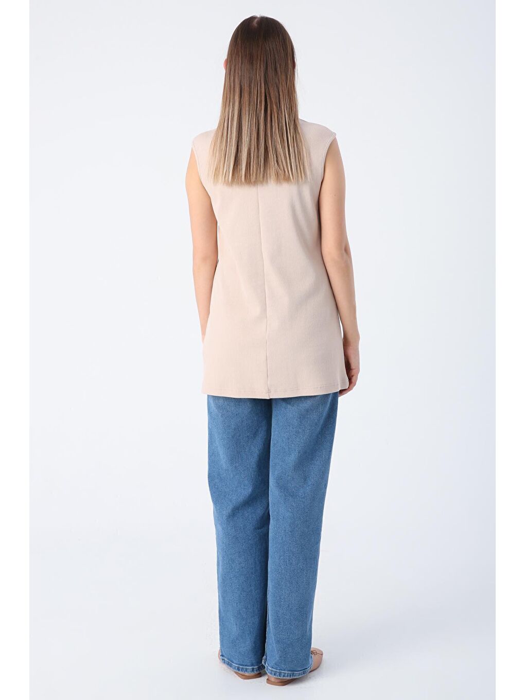 Bej Pamuklu Fitilli Kolsuz Tişört-2