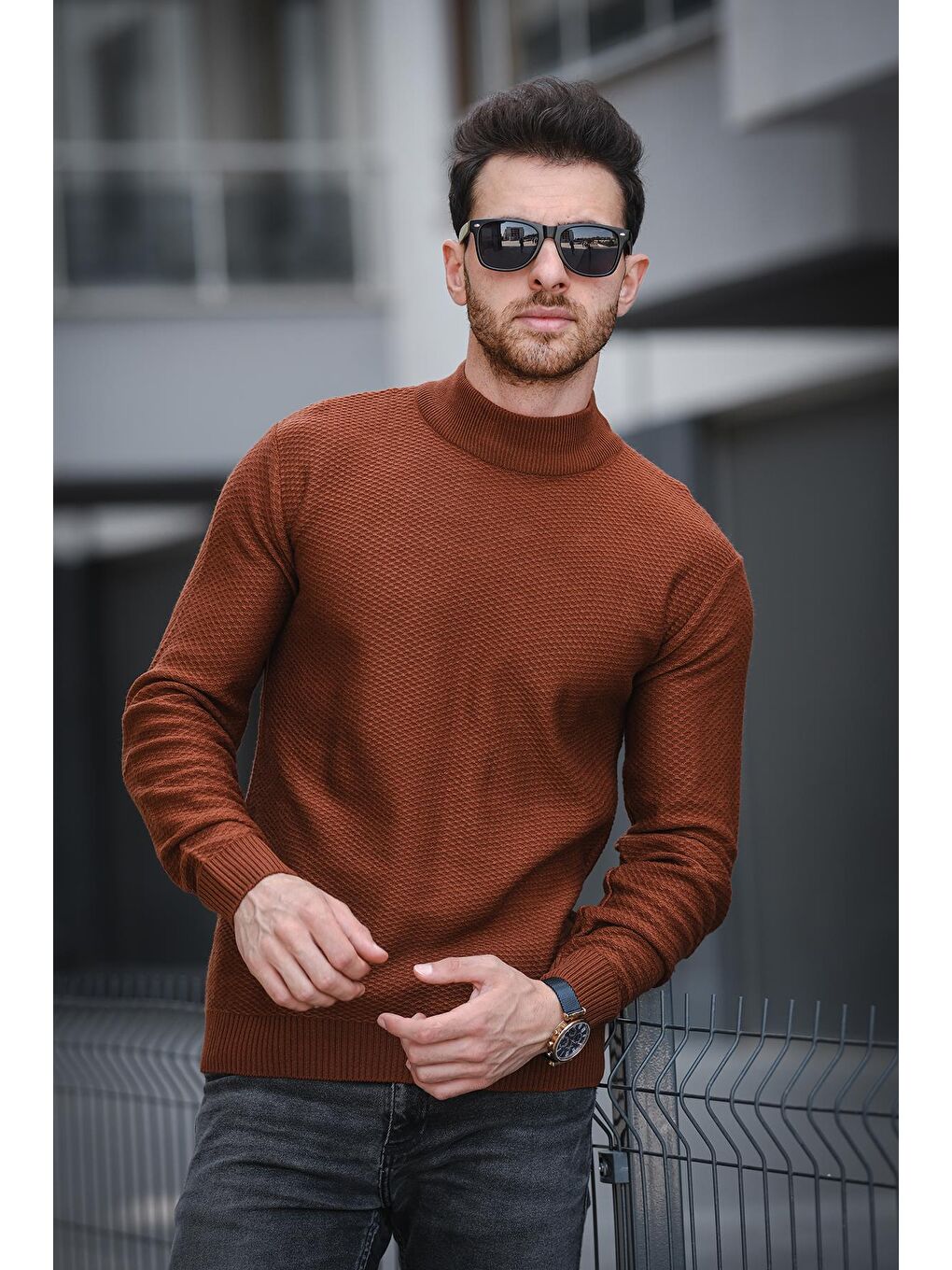 Kahverengi Seka 509 Slim Fit Petek Örgü Erkek Yarım Balıkçı Kazak