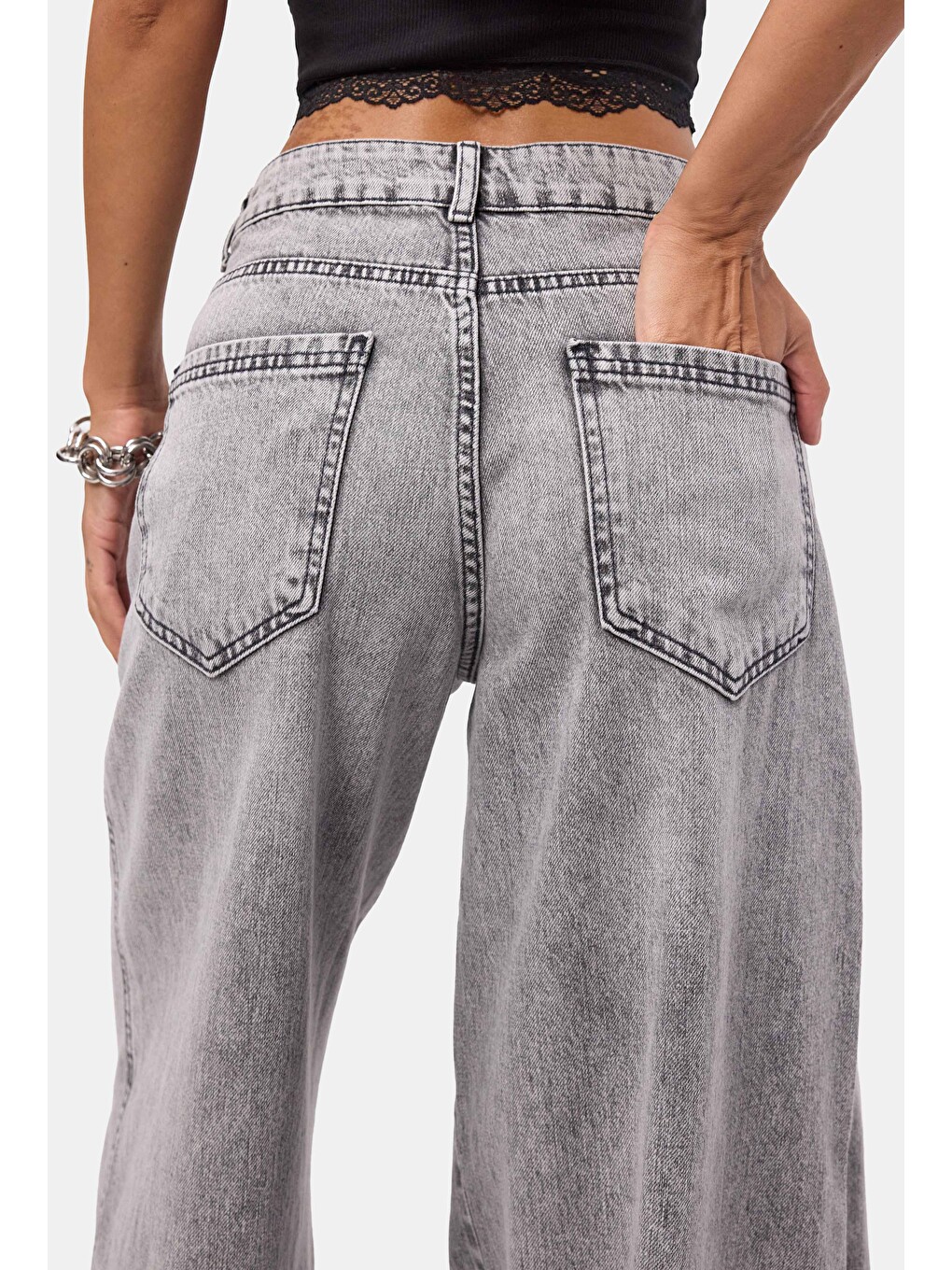 Gri Kadın Füme Palazzo Fit Çift Kemer Detaylı Özel Tasarım Denim Jean-3