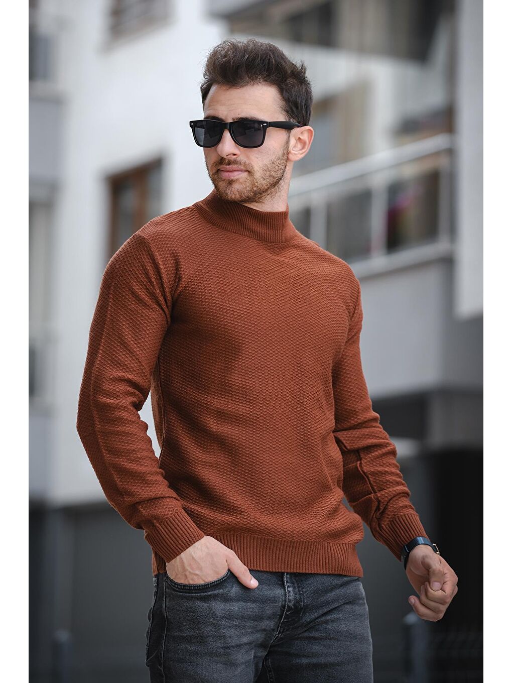 Kahverengi Seka 509 Slim Fit Petek Örgü Erkek Yarım Balıkçı Kazak-1