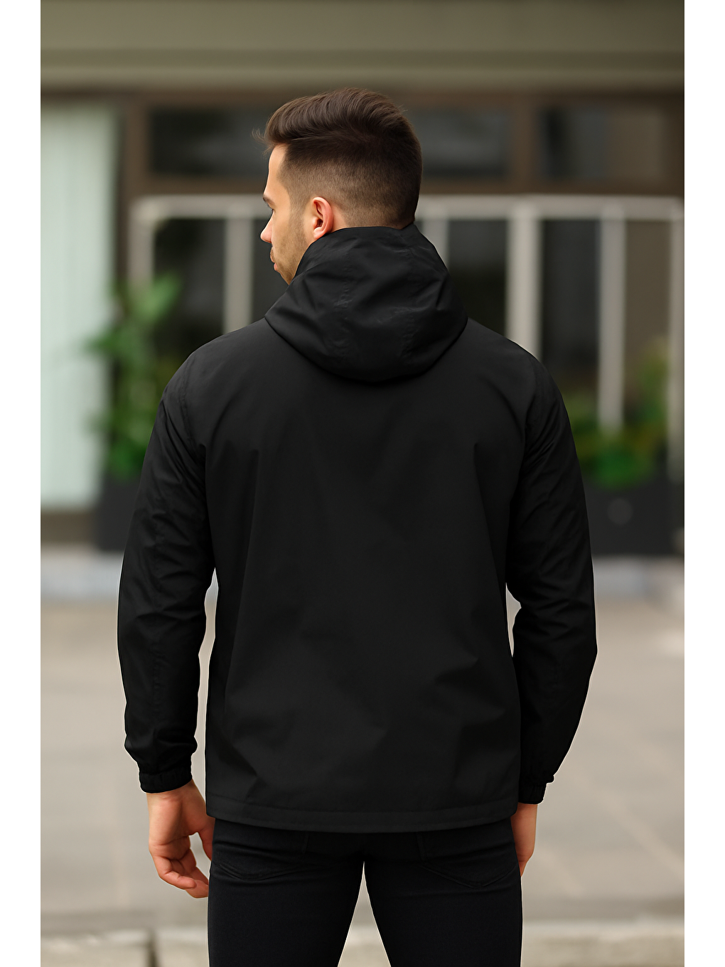 Erkek Astarlı Bol Cepli Siyah Rüzgarlık & Yağmurluk-5